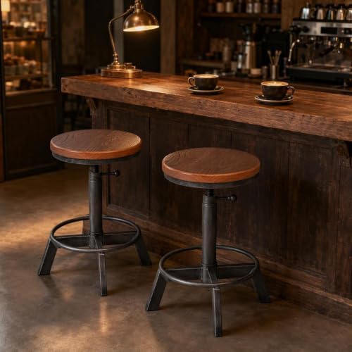 Set of 2-Industrial Bar Stool-Rustic Counter Height Chairs for Kitchen Island-Farmhouse Swivel Wooden Seat- Adjustable 17.7-24inch