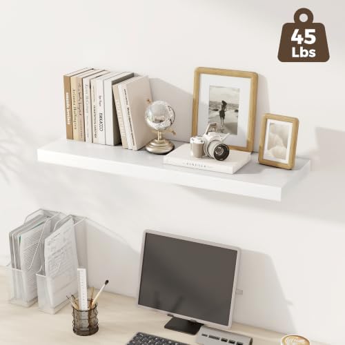Deep Floating Shelves, 36" W x 12" D Wood Floating Shelves for Wall, 3 Pack Extra Deeper & Thicker Wall Mounted Storage Shelf for Living Room Laundry Room Kitchen Home Office, White