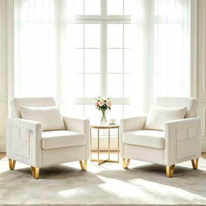 Velvet Accent Chairs Set of 2, Beige Accent Chairs for Living Room Bedroom