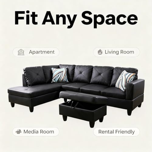 97 inch L-Shape Sofa with Storage Ottoman, Leather Sectional Couch with Left Chaise, Modern 3-Piece Sofa Set, Upholstered Couch Set with Solid Wood Frame for Apartment, Loft, Black