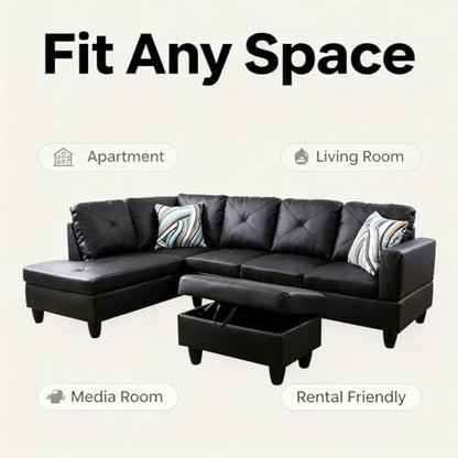 97 inch L-Shape Sofa with Storage Ottoman, Leather Sectional Couch with Left Chaise, Modern 3-Piece Sofa Set, Upholstered Couch Set with Solid Wood Frame for Apartment, Loft, Black