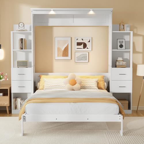 PVWIIK Queen Size Murphy Bed, Vertical Wall Bed Frame with 4 Drawers, LED Light, Shelf & Foldable Platform, White for Small Space Bedroom Guest Room