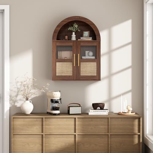 RUSTOWN Arched Bathroom Wall Cabinet with 2 Glass & Rattan Doors