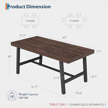 Garvee 63" Farmhouse Dining Table, Rustic Kitchen Table, Dark Rustic Birch