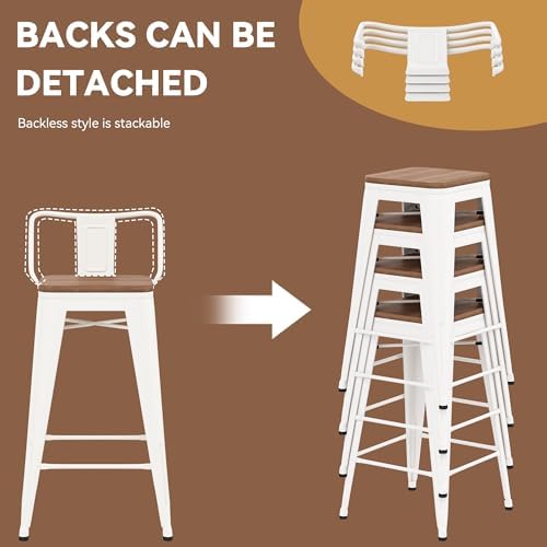 Yongchuang 30 inch Bar Stools Set of 2 Kitchen Bar Height Chairs with Wood Seat Industrial Low Back Metal Barstools Cream White