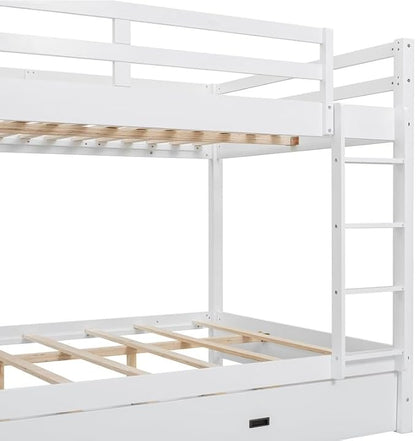 Merax Queen Size Bed with Trundle - Space-Saving Solid Wood Frame, Built-in Safety Rails and Ladderm, White