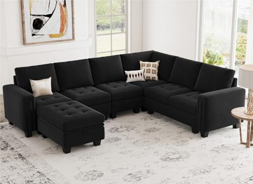 Belffin Modular Sectional Sofa Couch 7-Seater Convertible Sectional Sofa Velvet Modular Sectional with Storage Ottoman L Shaped Couch with Chaises Black