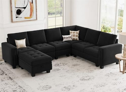 Belffin Modular Sectional Sofa Couch 7-Seater Convertible Sectional Sofa Velvet Modular Sectional with Storage Ottoman L Shaped Couch with Chaises Black