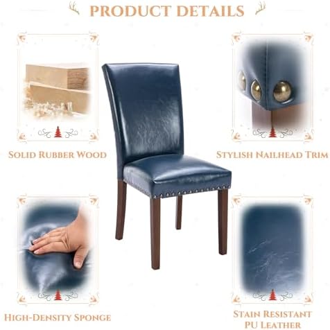 MALOL High Back Dining Chairs Set of 4, Leather Dining Room Chair with Wood Legs and Nailhead Trim, Modern Padded Kitchen Chairs for Dining Room/Restaurant, Blue