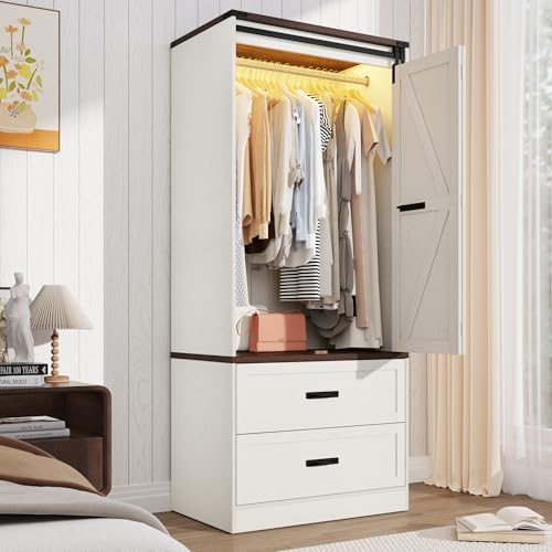 2 Doors Armoire Wardrobe Closet w/ Folding Sliding Barn Door,Antique White