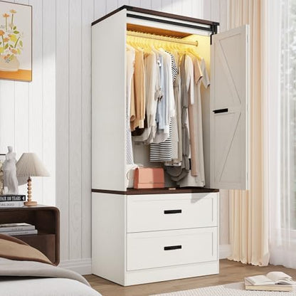 2 Doors Armoire Wardrobe Closet w/ Folding Sliding Barn Door,Antique White