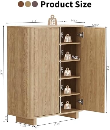Fluted Entryway Shoe Storage Cabinet with Doors, 5 Tier 39'' Tall Freestanding Modern Shoe Rack Organizer Cabinet with 3 Adjustable Shelves for Hallway, Foyer, Entrance, MDF - Natural