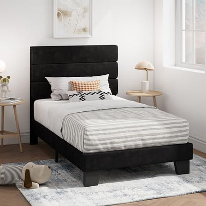 SHA CERLIN Twin Platform Bed Frame with Upholstered Velvet Headboard, Black