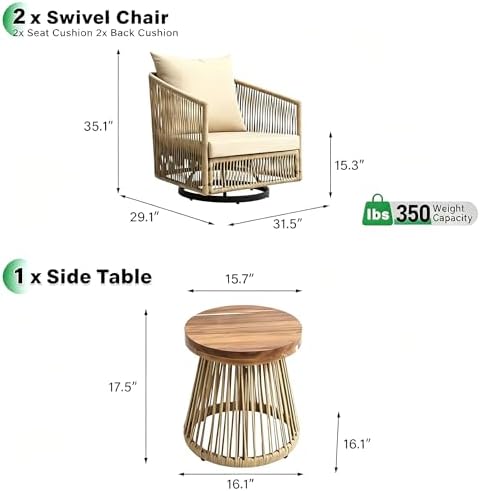3 Pieces Outdoor Swivel Chairs Wicker Patio Bistro Set with Coffee Table