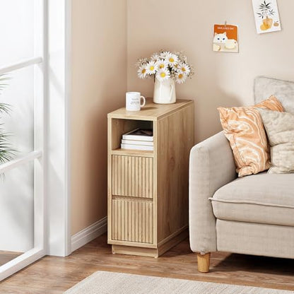 CHOEZON 8.7" Narrow Fluted Nightstand, Small Bedside Table with Drawers, Skinny Side Table, Modern Nightstand with 1 Semi-Open Shelf, Floating End Table, for Living Room, Bedroom, Natural MBZ12NL