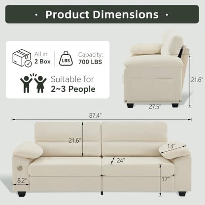 87" Oversized 3-Seater Couch, Comfy Sofa for Living Room with Fast Charging