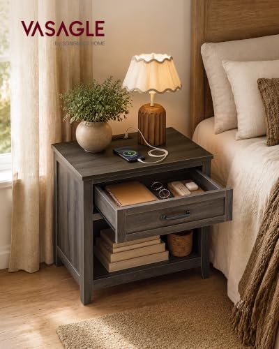 VASAGLE Farmhouse Nightstand with Charging Station, Drawer and Open Shelf