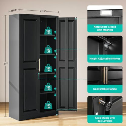 SISESOL 71" Tall Storage Cabinet with 2 Door and 5 Shelves, Wide & Deep Kitchen Pantry Cabinet,Black Metal Cabinets,Large Cupboard for Home,Kitchen,Laundry