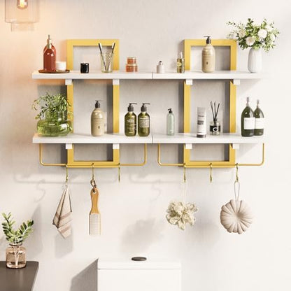 Wood Floating Shelf with 6 Hooks, 15" Bathroom Shelves Set of 2