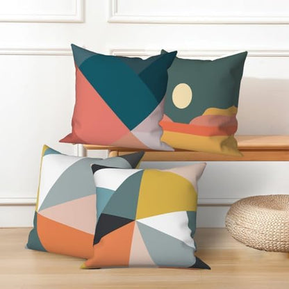 4 Pcs/Set Colorful Geometry Throw Pillow Covers Geometric Strip Moon Abstract Mid Century Minimalist Cushion Case for Outdoor Patio Furniture Couch Sofa Decor, 16"x16"
