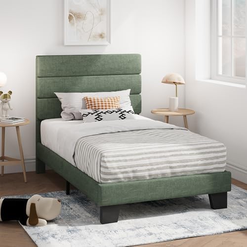 SHA CERLIN Twin Platform Bed Frame with Upholstered Fabric Headboard, Green