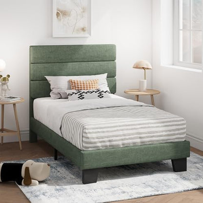SHA CERLIN Twin Platform Bed Frame with Upholstered Fabric Headboard, Green