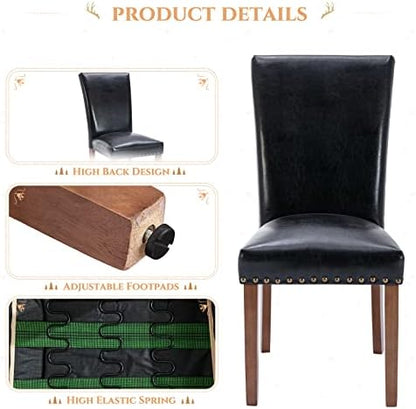 Parsons Dining Chairs Set of 4, Upholstered Nailhead PU Leather Dining Room Kitchen Side Chair with Thick Cushions and Wood Legs, Black