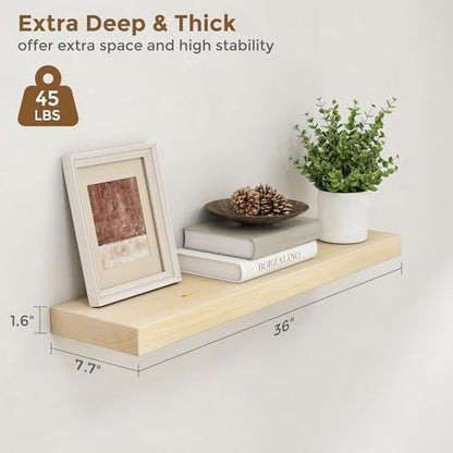 Marsmiles Natural Wood Floating Shelves, 36'' x 7.7'' x 1.6'', Set of 2