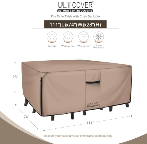 ULTCOVER Rectangular Patio Heavy Duty Table Cover - 600D Tough Canvas Waterproof Outdoor Dining Table and Chairs General Purpose Furniture Cover Size 111L x 74W x 28H inch (Pack of 2)