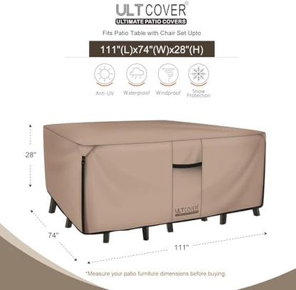 ULTCOVER Rectangular Patio Heavy Duty Table Cover - 600D Tough Canvas Waterproof Outdoor Dining Table and Chairs General Purpose Furniture Cover Size 111L x 74W x 28H inch (Pack of 2)