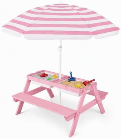 HONEY JOY Kids Picnic Table, 4 in 1 Cedar Wooden Sand & Water Table w/ 3 Removable Box & Umbrella, Kids Picnic Tables for Outdoors Backyard Garden, Toddler Patio Furniture Set for Boys Girls(Pink)