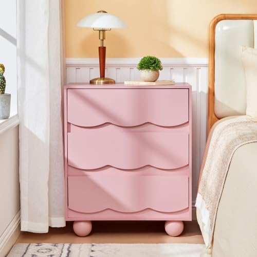Pink Scalloped 3 Drawer Dresser, Mid Century Modern Nightstand for Bedroom