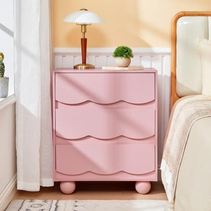 Pink Scalloped 3 Drawer Dresser, Mid Century Modern Nightstand for Bedroom