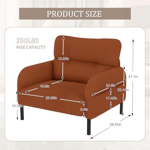26" Corduroy Single Sofa Chair with Double Side Pockets & High Resilience Cushion, Modern Ergonomic Design Upholstery Oversized 1-Seater Accent Chair, Easy Assembly, for Living Room, Orange