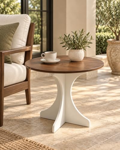 24in Modern Round Side Table Accent End Table Coffee Table with Walnut Wood Grain Tabletop & White Curved Base for Living Room Bedroom Sofa Corner, Pedestal Nightstand for Indoor/Outdoor