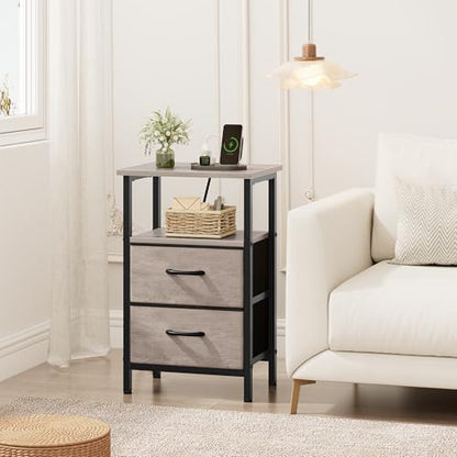 Vagusicc Nightstand with Charging Station, Side Table with 2 Fabric Drawers, Bedside Table with Open Shelf, 24.2" Tall End Table with USB Ports and Outlets, Night Stand for Bedroom, Greige