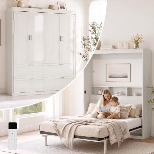 Mjkone Full Size Murphy Bed, Cabinet Beds Full with Motor-Driven Lifting System & Bedside Storage, Hidden Wall Murphy Automatic Lift Up Beds & Legs, Space-Saving Guest Bed for Apartment - White