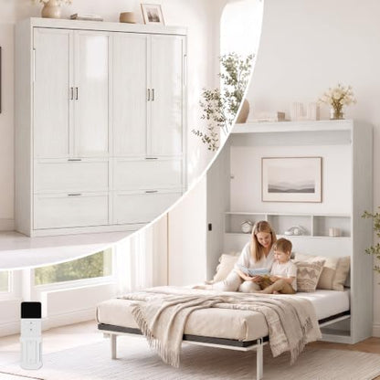 Mjkone Full Size Murphy Bed, Cabinet Beds Full with Motor-Driven Lifting System & Bedside Storage, Hidden Wall Murphy Automatic Lift Up Beds & Legs, Space-Saving Guest Bed for Apartment - White
