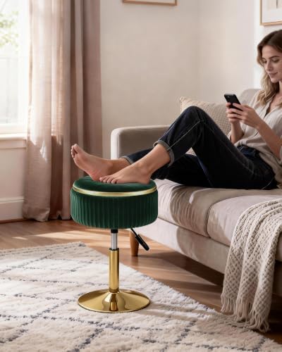 LITZFUR Adjustable Vanity Stool, Swivel Vanity Chair with Storage, Green