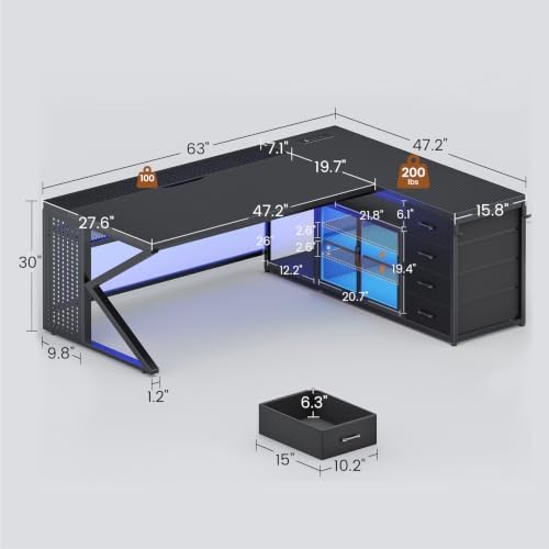 SEDETA 63"x27.6" L Shaped Gaming Desk with 4 Drawers, Carbon Fiber Black