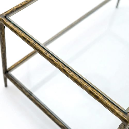 24/7 Shop at Home Lalia Modern 47-inch Metal Coffee Table with Tempered Glass Top and Shelf, Hammered Steel Frame for Living Room, Matte Gold