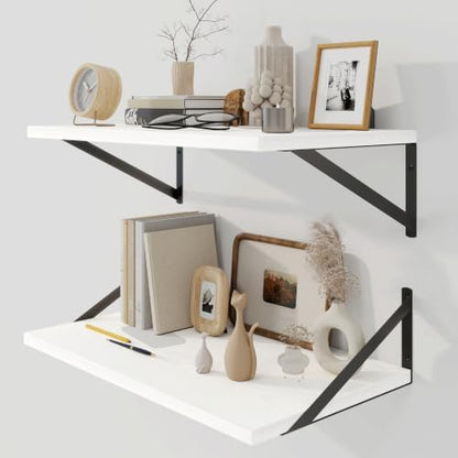 Floating Shelves, 24 x 12 Inches, Set of 2 Wall-Mounted Shelves with Metal Brackets, Decorative Wall Shelf for Living Room, Bedroom, Bathroom (White)