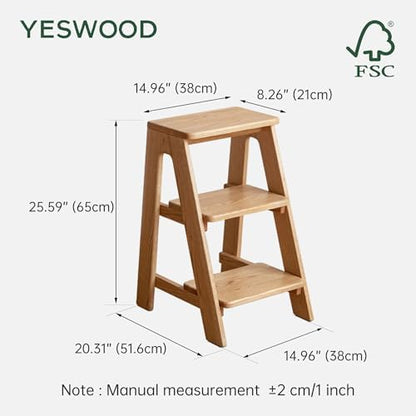 100% Solid Oak Wood 3 Step Stool, Multifunctional 3-Tier End Table Nightstand Plant Stand Counter Barstool Dining Stool for Living Room Bedroom Kitchen (Natural Oak, 3-Tier)