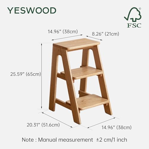 100% Solid Oak Wood 3 Step Stool, Multifunctional 3-Tier End Table Nightstand Plant Stand Counter Barstool Dining Stool for Living Room Bedroom Kitchen (Natural Oak, 3-Tier)