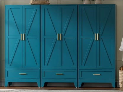 COFaR 71 Farmhouse Metal Wardrobe Closet with Hanging Rod, 2 Barn Doors, Adjustable Shelves, Steel Armoire with Drawer for Home, Bedroom Green