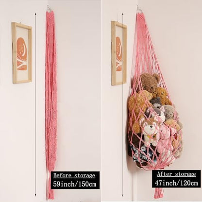 Amdermi Stuffed Animal Net or Hammock Corner Hanging Net for Stuffy Animal Storage Macrame Toy Display Plush Toy Holder Wall Pet Net for Nursery Kid Bedroom Decor Playroom Organizer (Pink)