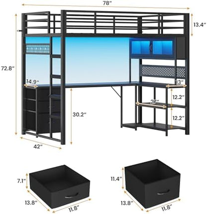 ADORNEVE Twin Size Loft Bed with Gaming Desk, RGB Hutch, Black