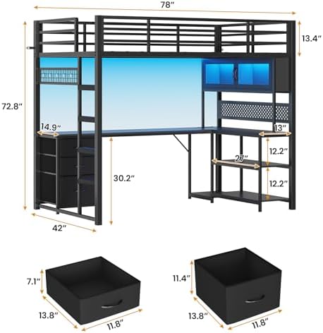 ADORNEVE Twin Size Loft Bed with Gaming Desk, RGB Hutch, Black