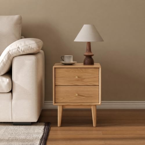 100% Solid Wood Nightstand, Natural Oak Nightstands with 2 Drawers, Mid Century Modern Night Stand, Small Bedside Table for Low Bed, Wooden Night Stands for Bedroom(19.69" H)