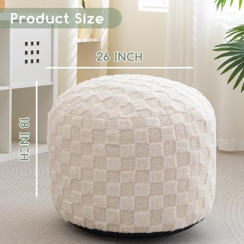 HIGOGOGO Round Stuffed Pouf Ottoman, Plaid Poufs with Foam Chunk Filling, Fluffy and Furry Pouf Foot Stool Storage Ottoman, 26 X 18 Floor Poufs Foot Rest for Living Room, Beige